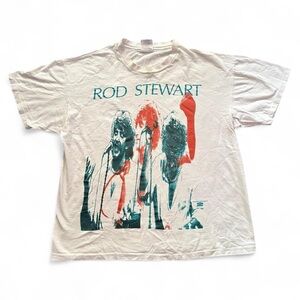 Vintage 1990s Rod Stewart Graphic Band Tee in White with Teal & Red Print XL